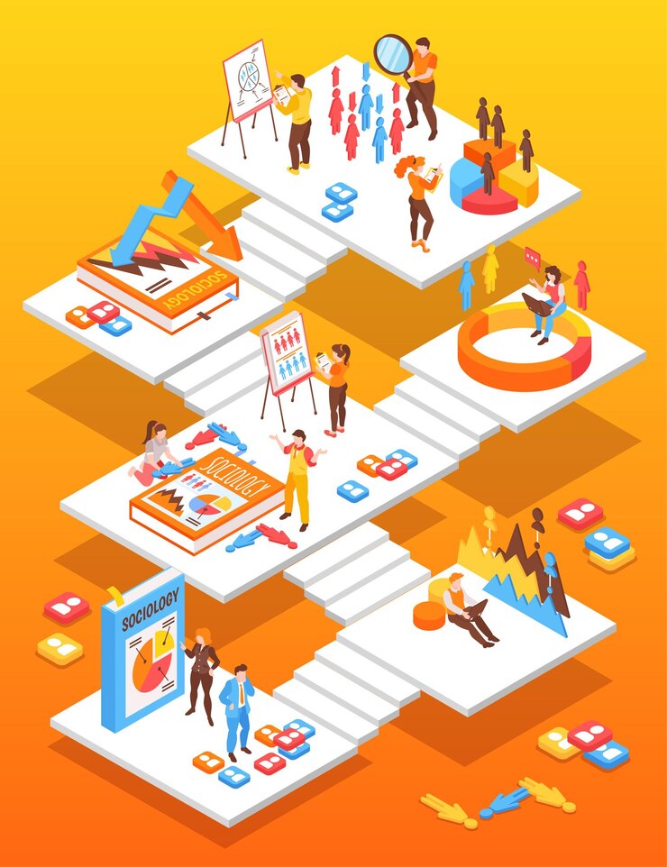 Vector isometric sociology public opinion polls and social science symbols vector illustration