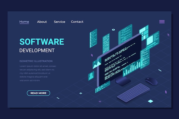 isometric software development landing page program code on computer screen programming in isometric illustration isometric technology