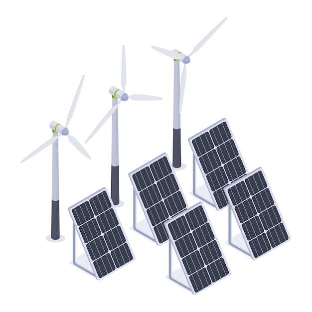 Vector isometric solar panels and windmills renewable energy sources alternative eco green energy solar battery panels isolated 3d vector illustration