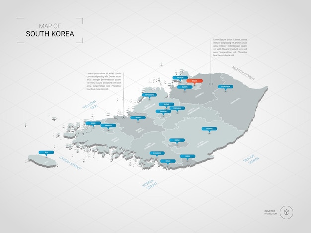 等尺性韓国地図。都市、国境、首都、行政区画、ポインターマークのある定型化された地図のイラスト。グリッドとグラデーションの背景。