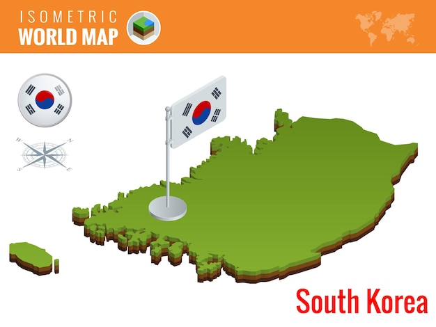 Vettore mappa politica isometrica della corea del sud con capitale seoul. confine di illustrazione vettoriale con il nome del paese.