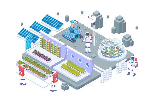 Isometric space agriculture technology vector concept