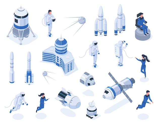 Isometric space bodies astronaut satellites and spacecraft Outer space exploration lunar rover and rockets vector illustration set Space technology and astronautics Woman and man training