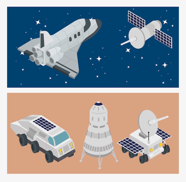 Set di icone di scena spaziale isometrica