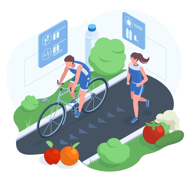 Sport isometrico stile di vita sano e concetto di dieta personaggi umani sportivi che fanno fitness cardio illustrazione vettoriale dieta per il controllo del peso e gadget di monitoraggio della salute