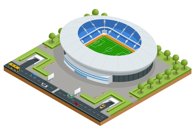 Stadio sportivo isometrico. illustrazione di vettore della costruzione dello stadio di calcio di calcio. gioco costruzione di calcio