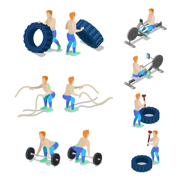 Vettore sportivi isometrici su allenamento in palestra crossfit ed esercizi. vector 3d illustrazione piatta