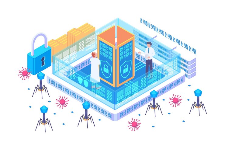 Vector isometric spyware and virus protection vector concept