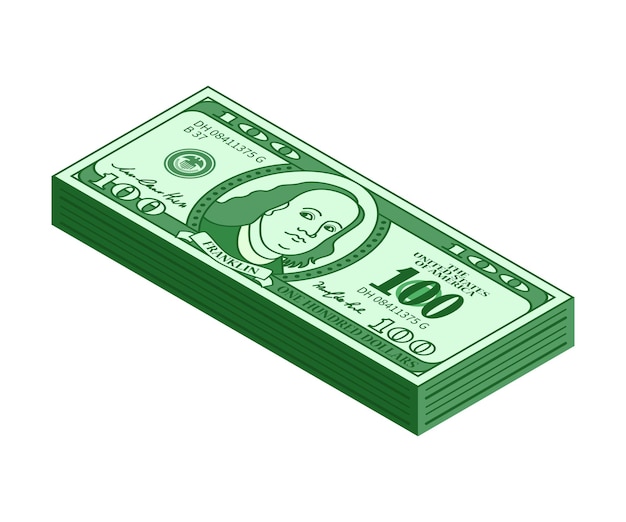 Isometric stack of 100 dollars. Play money or fake banknote. Vector illustration.