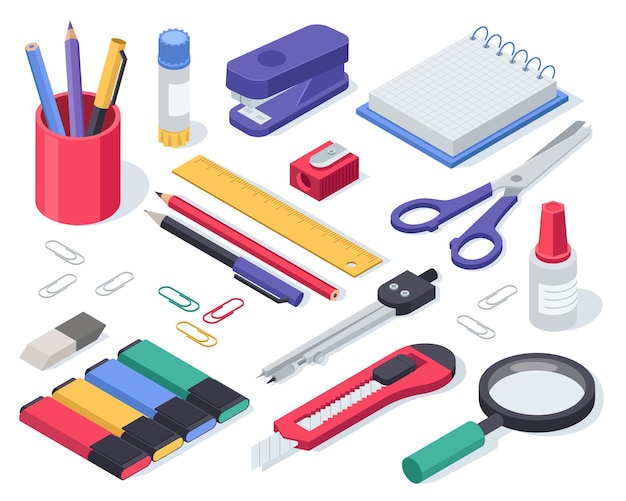 Vector isometric stationery school supplies glue notebook pen scissors stapler ruler eraser vector set