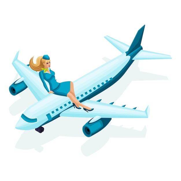 Vector isometric stewardess sits on airplane beautiful girl in colorful clothes uniform