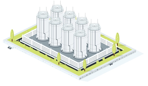 ベクトル 白い背景に分離されたガソリン原油またはディーゼル タンク ファームの等尺性ストレージ