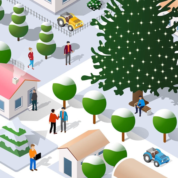 Изометрические улица Рождество Новый год 3D Иллюстрация