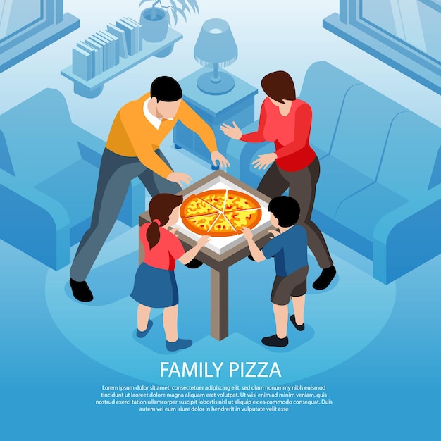 Isometric street food with indoor domestic scenery and characters of family members with pizza box