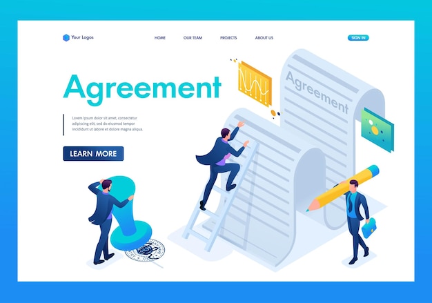 Isometric study of the text of the agreement by employees and signing of the contract Landing page concepts and web design