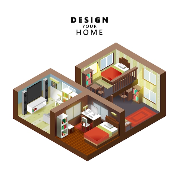 Vector isometric style home indoor interior  open transparent ceiling, creative architecture info graphic