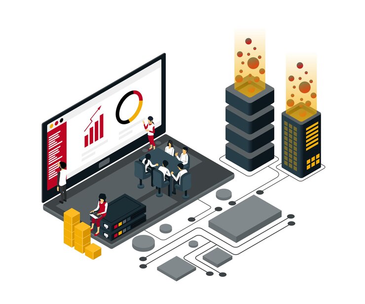 Vector isometric style illustration about business growth discussion meeting and workflow