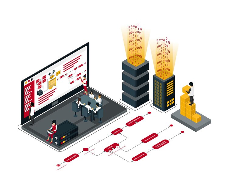 Vector isometric style illustration about business growth discussion meeting and workflow