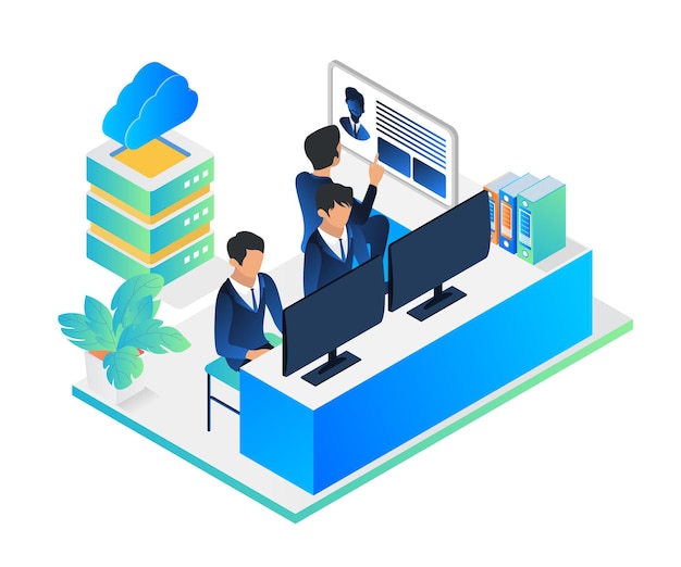 Isometric style illustration about a hard working team