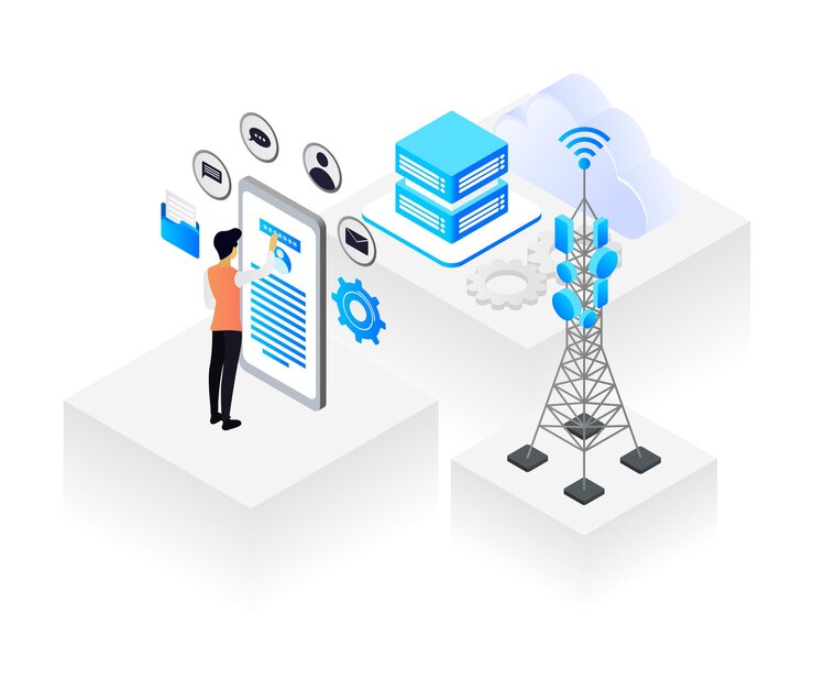 Vector isometric style illustration about internet network for smartphone and wifi