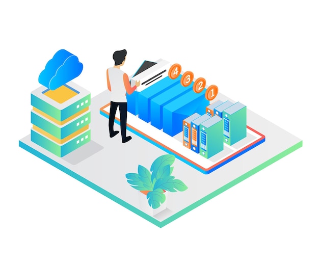 ベクトル 通知サービスとクラウドサーバーストレージに関するアイソメトリックスタイルの図