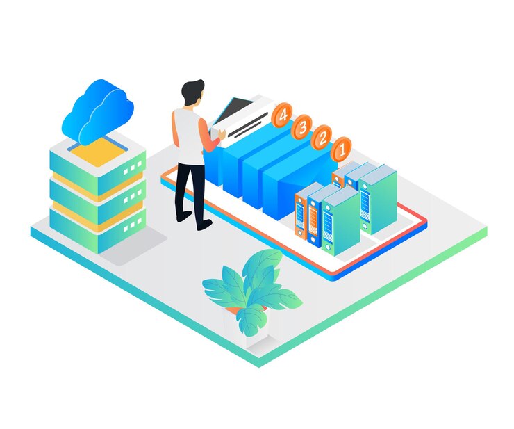 Vector isometric style illustration about notification service and cloud server storage