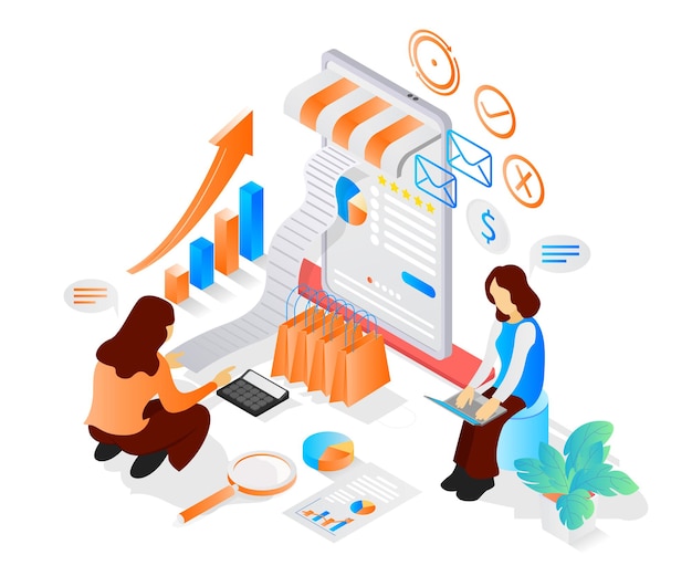 Isometric style illustration about online shop opening