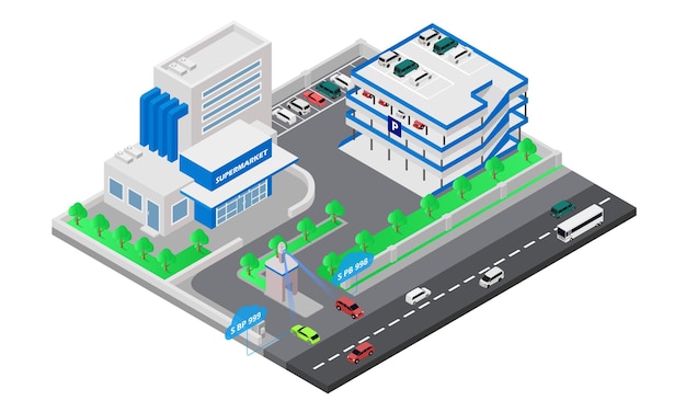 Isometric style illustration about parking lot in supermarket with vehicle license plate sensor