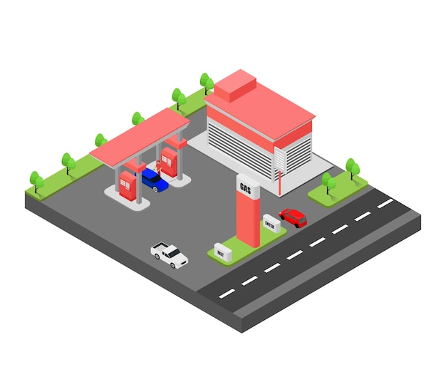 Isometric style illustration about roadside fuel pump with several cars refueling