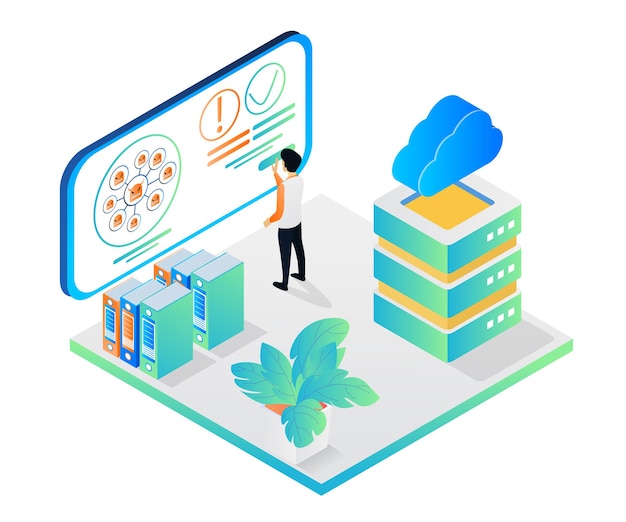 Vector isometric style illustration about scan cloud data storage server