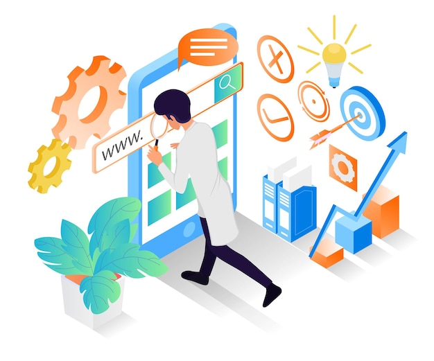 Isometric style illustration about seo data analytics