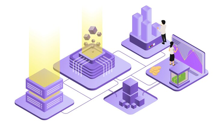 Vector isometric style illustration about a team of business workers completing their respective jobs