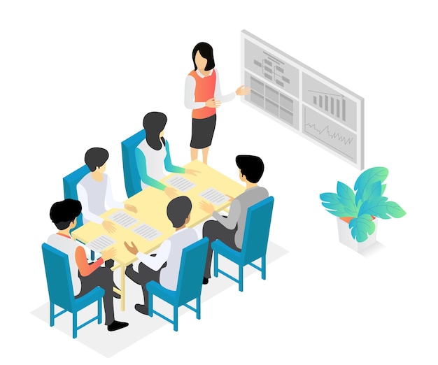 비즈니스 성장을 논의하는 팀 회의에 대한 아이소메트릭 스타일 그림
