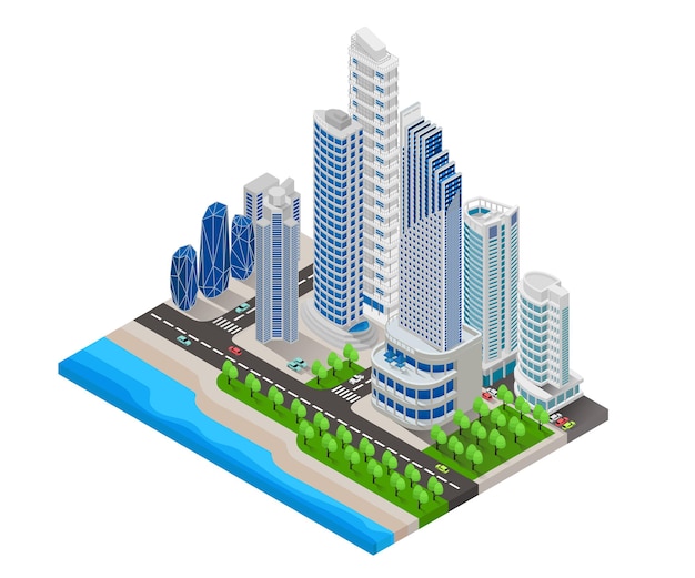 Isometric style illustration of big city map with beach and highway