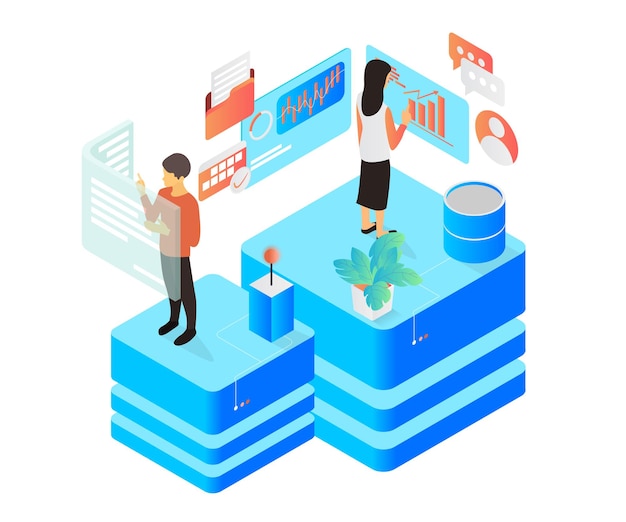 Isometric style illustration of business analysis system with big server