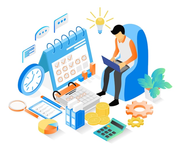 Isometric style illustration of business planning schedule with characters and date