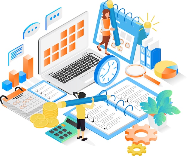 Isometric style illustration of business planning schedule with characters and date