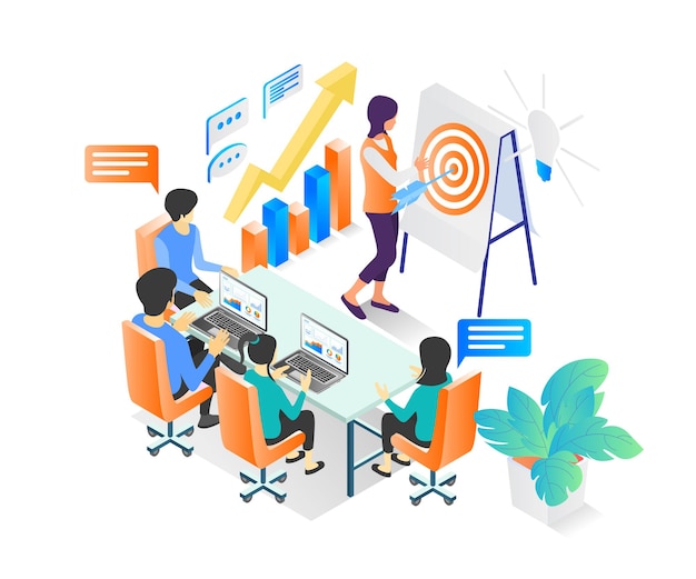 Isometric style illustration of a business training class or business education for a team