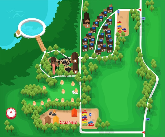 Isometric style illustration of camp site map with parking and lodging