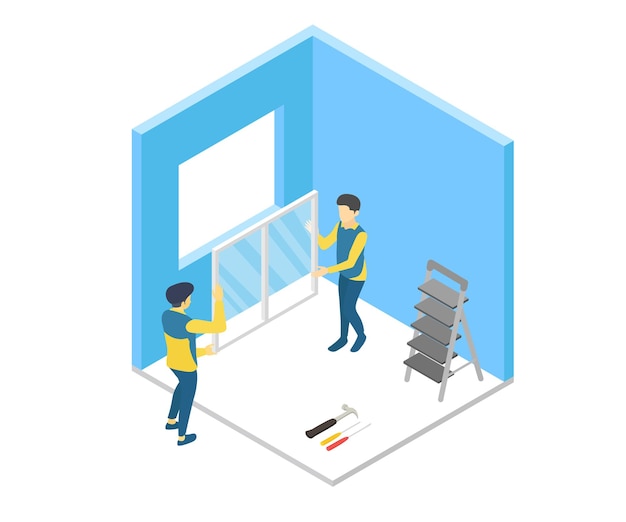 Vector isometric style illustration of a carpenter installing a glass window