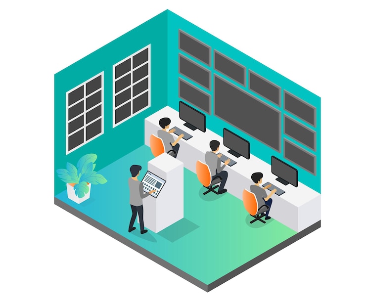 Vector isometric style illustration of cctv monitor room