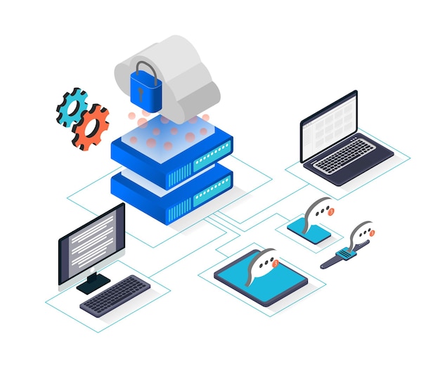 Illustrazione in stile isometrico dell'archiviazione cloud con laptop e server di computer