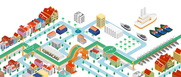 Vector isometric style illustration of curacao map with buildings and landmarks