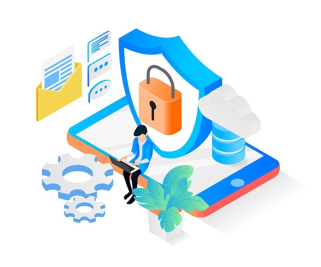 Vector isometric style illustration of database security of a cloud storage