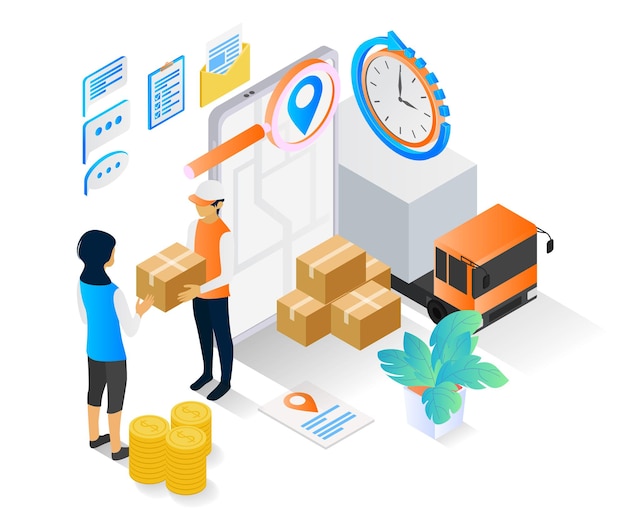 Isometric style illustration of delivery order with truck and smartphone