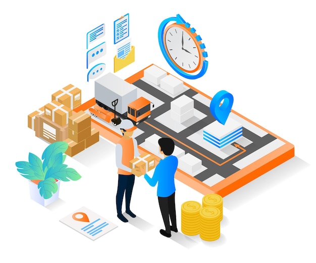 Isometric style illustration of delivery order with truck and smartphone