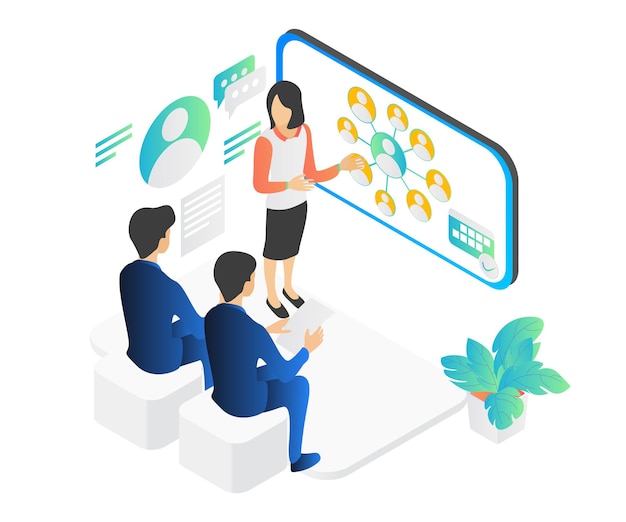 Isometric style illustration of discussion about business network within the company