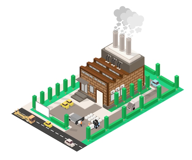 Isometric style illustration of a factory with its smoke and some workers also the streets