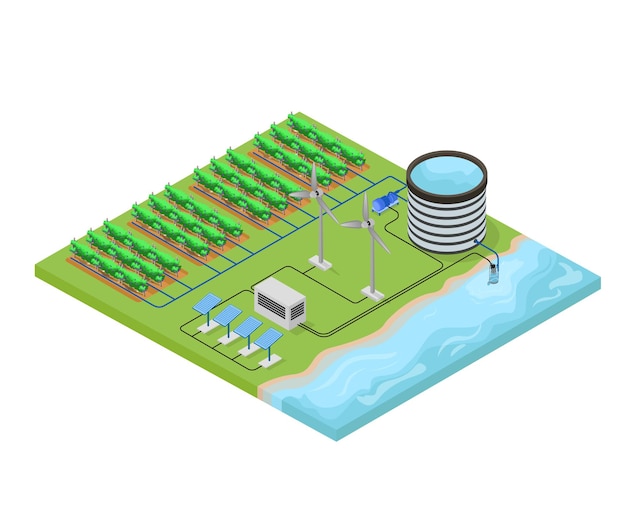 Vector isometric style illustration of irrigation in the vineyard