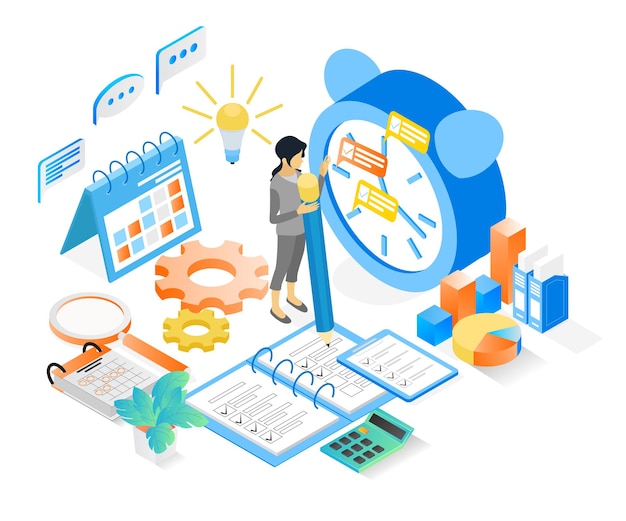 ベクトル 文字と時計で事業計画スケジュールのアイソメトリックスタイルの図